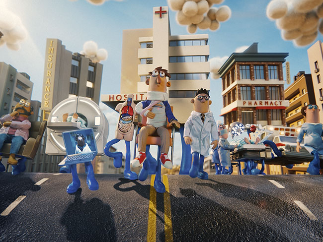 Clay-style animation figures walking down a street